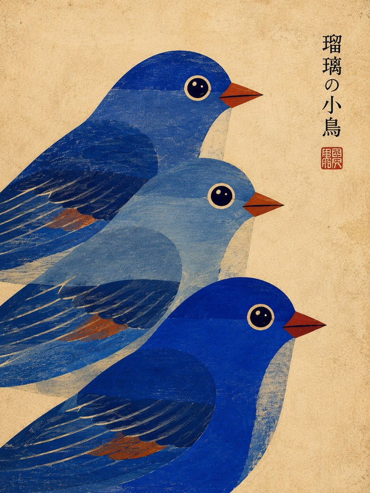 Japanese Bird Art Print — Vintage Blue Birds Illustration - artwork on paper