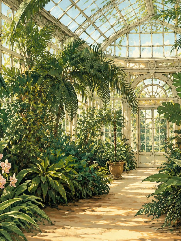 Victorian Greenhouse Garden Art Print: Lush Green Botanical Interior - artwork on paper