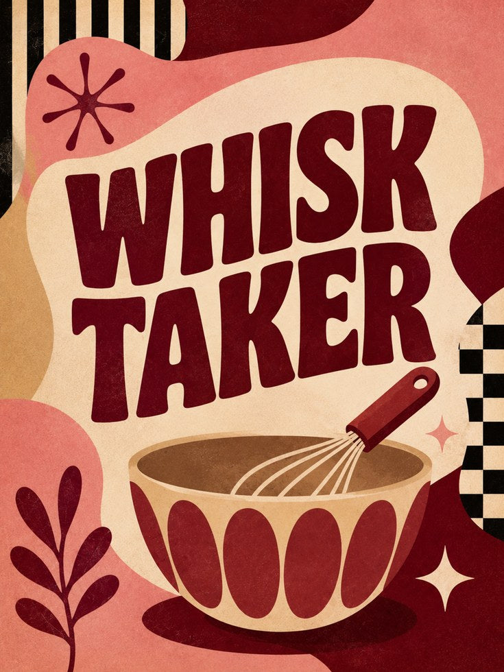 Whisk Taker Retro Kitchen Print: Mid-Century Modern Coral Design - artwork on paper