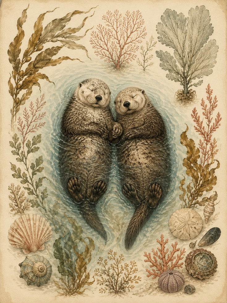 Sea Otter Couple Print — Vintage Nautical Illustration - artwork on paper