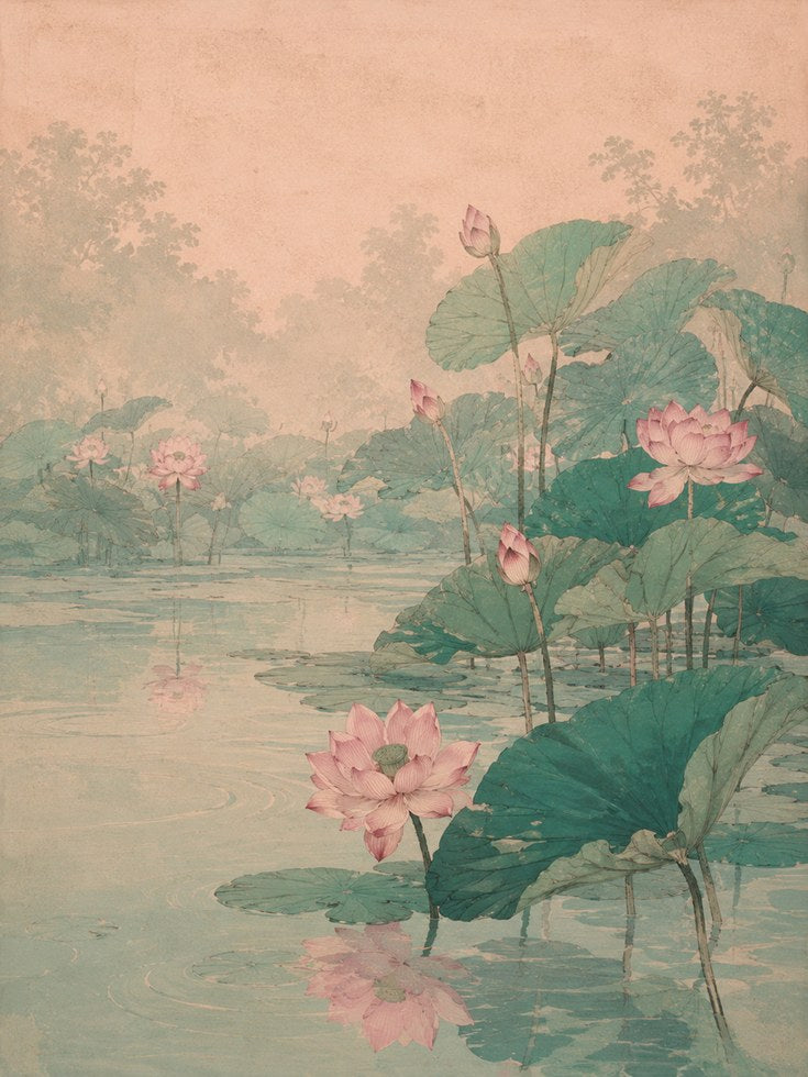 Lotus Pond Wall Art: Vintage Asian Botanical Print - artwork on paper