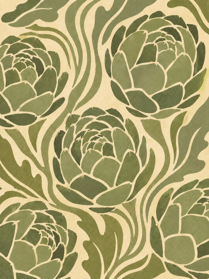 Art Nouveau Lotus Flowers: Green Botanical Poster - artwork on paper