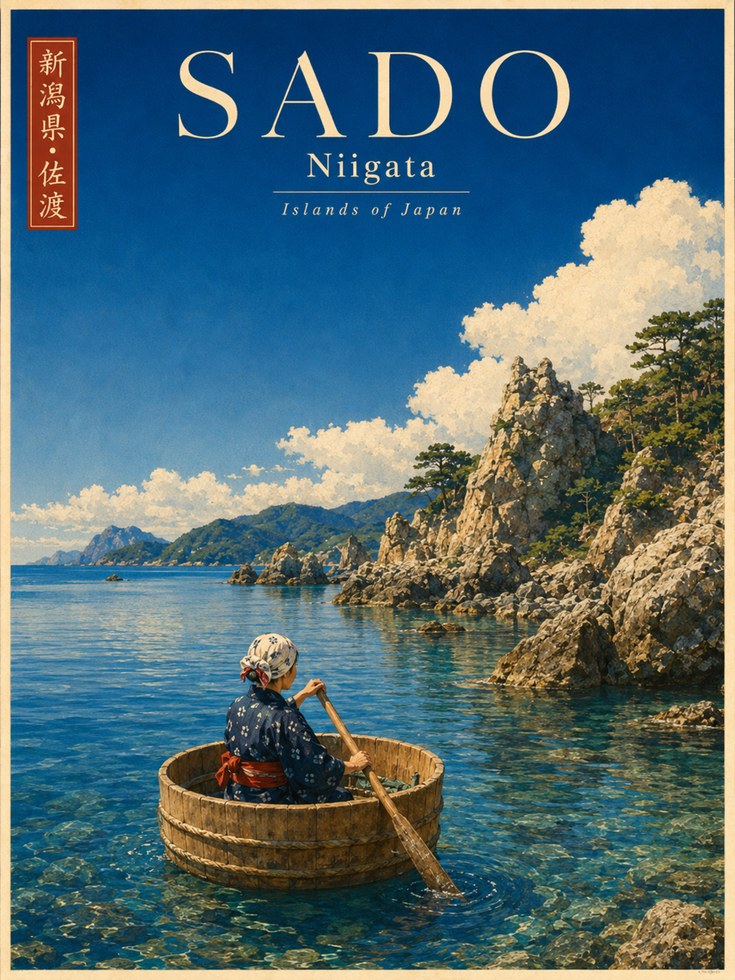 Sado Island Japan Travel Poster: Vintage Coastal Landscape Art - artwork on paper