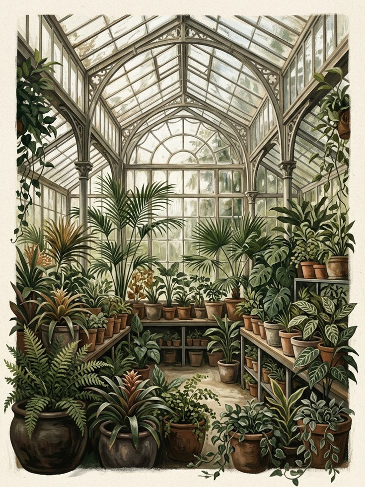 Victorian Greenhouse with Tropical Plants: Botanical Art Print - artwork on paper