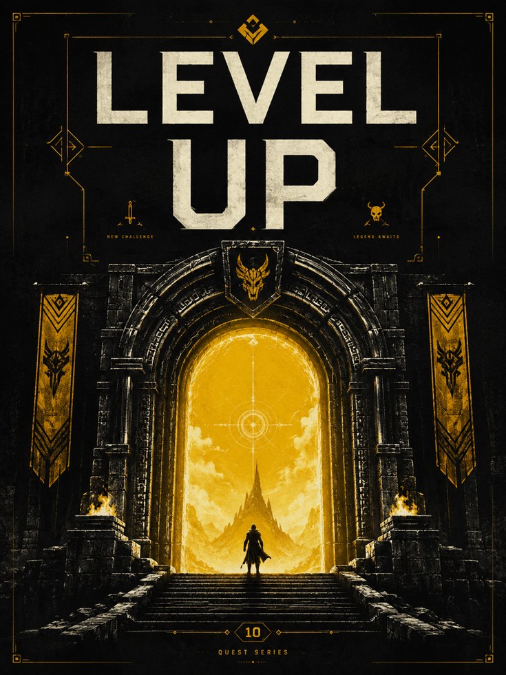Level Up Gaming Poster: Art Deco Fantasy Portal in Gold and Black - artwork on paper