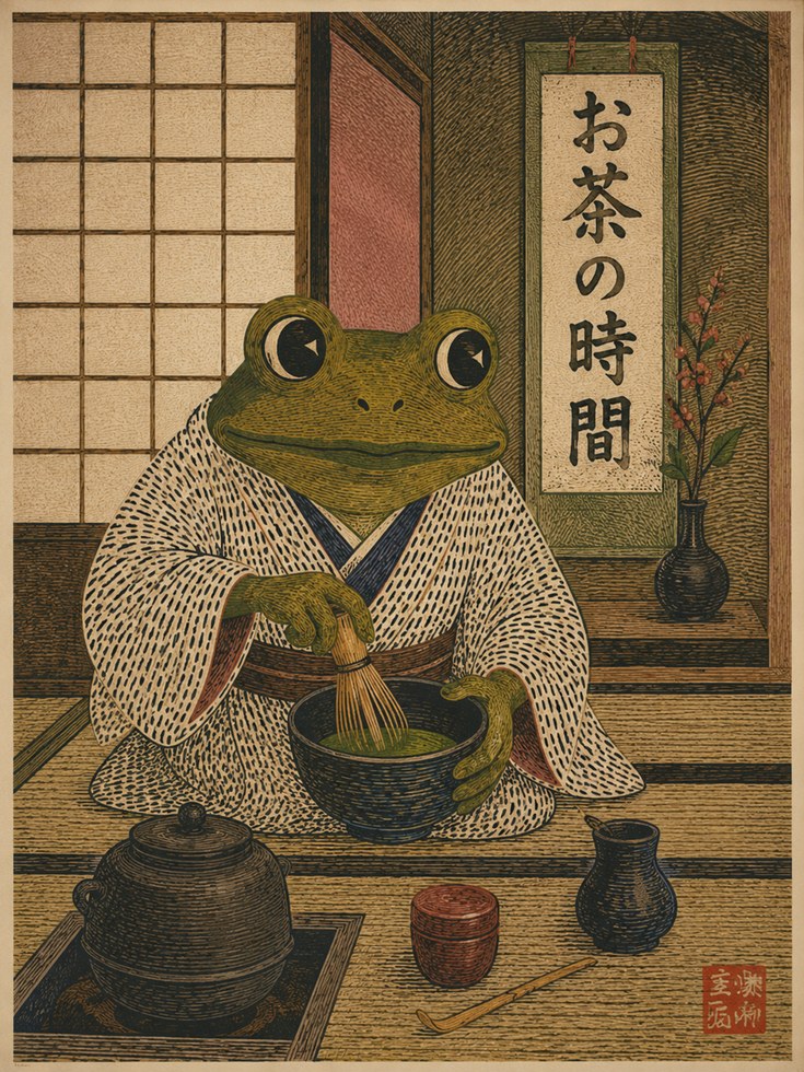 Frog Tea Ceremony Print – Vintage Japanese Decor - artwork on paper