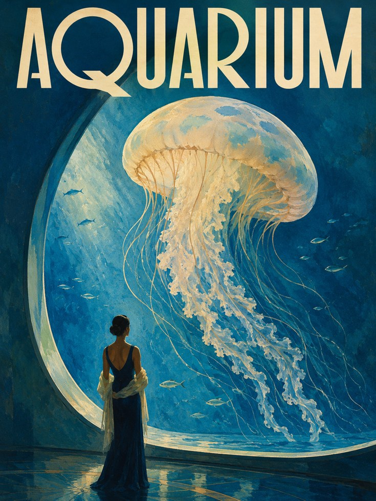 Vintage Aquarium Poster – Jellyfish Print - artwork on paper