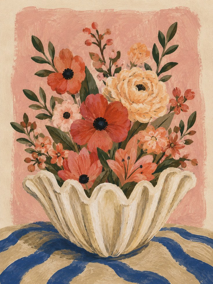 Floral Vase Wall Art – Folk Art Botanical Print - artwork on paper