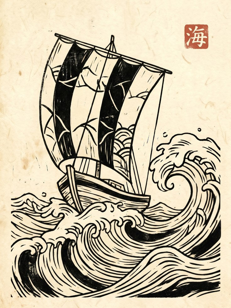 Black Sailboat Wall Art: Japanese Woodblock Style - artwork on paper
