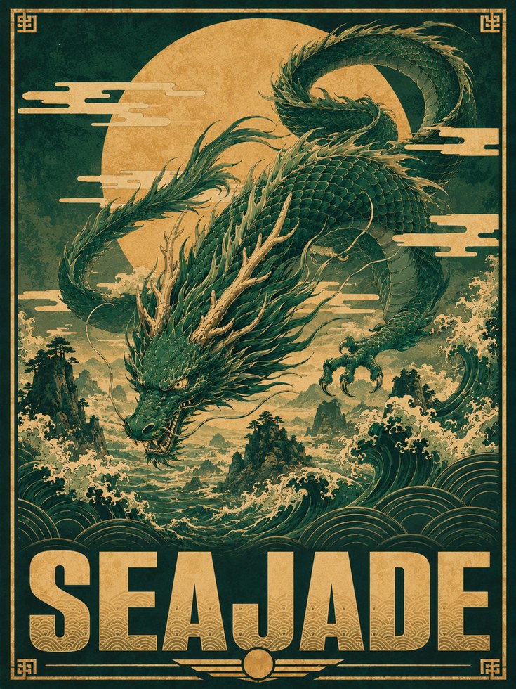 Sea Dragon Art Print: Japanese Style Green and Gold Design - artwork on paper