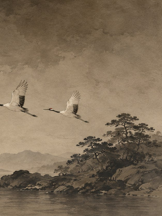 Japanese Cranes in Flight Art Print: Sepia Landscape Painting - artwork on paper