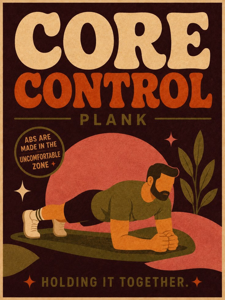 Core Control Plank Poster: Retro Fitness Motivational Art Print - artwork on paper