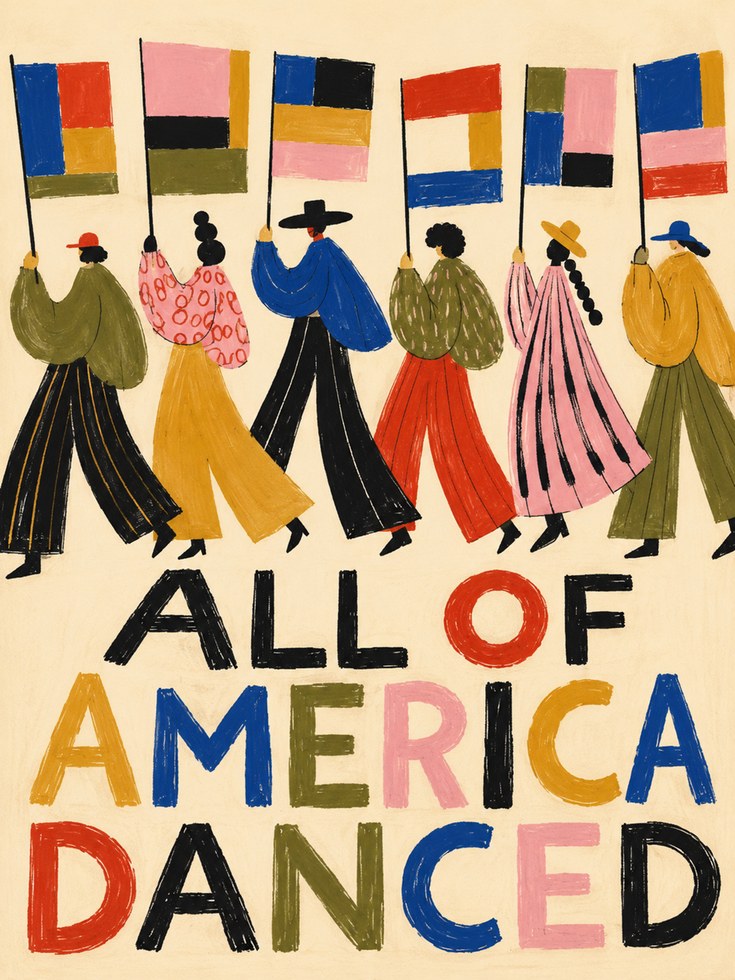All of America Danced Print: Folk Art Parade with Colorful Flags - artwork on paper
