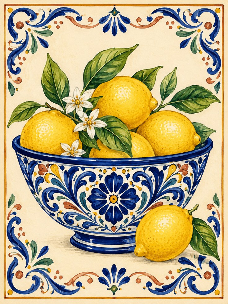 Lemon Kitchen Wall Art – Italian Tile Print - artwork on paper