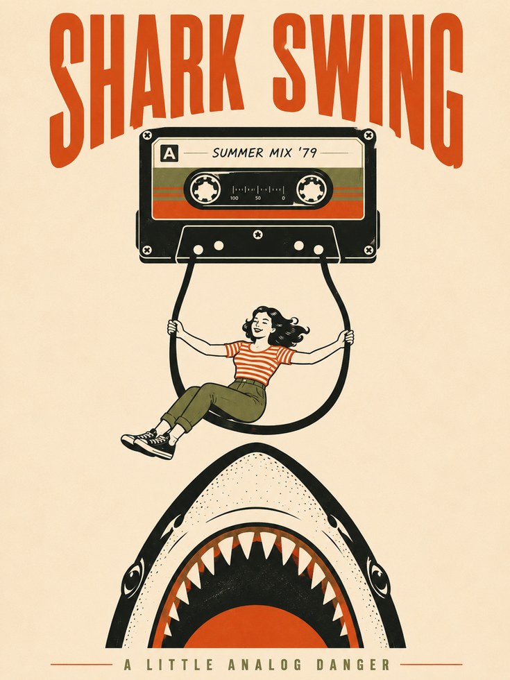 Shark Swing Retro Poster: Vintage Summer Mix Cassette Art Print - artwork on paper