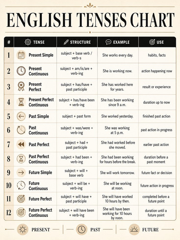 English Tenses Chart – Grammar Poster - artwork on paper