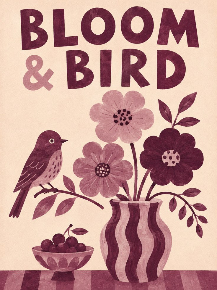 Bloom and Bird Folk Art Print: Vintage Floral Design - artwork on paper