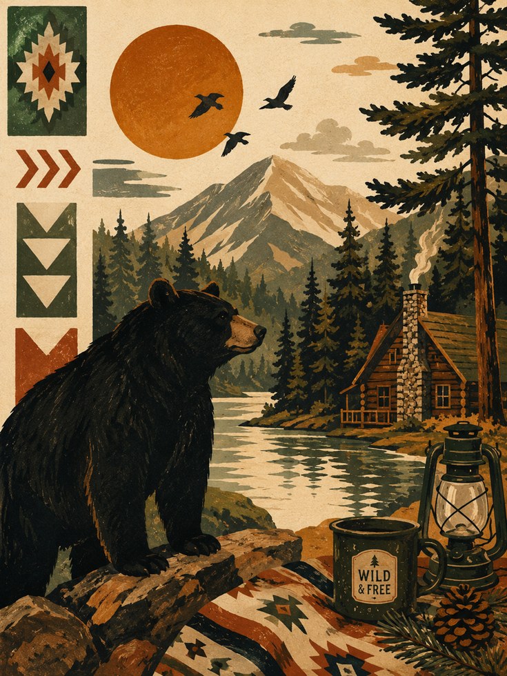 Cabin Wall Art – Rustic Bear Print - artwork on paper