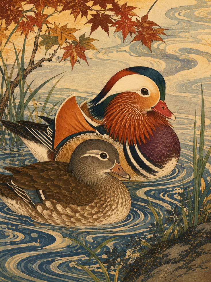 Mandarin Ducks in Autumn: Japanese Woodblock Style Art Print - artwork on paper