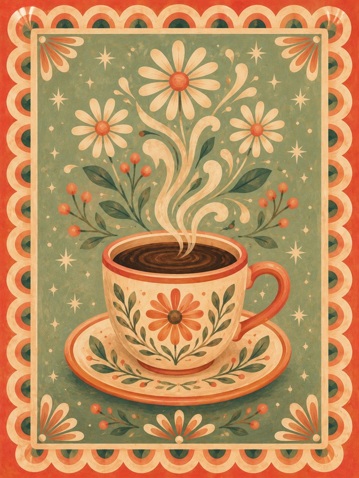 Folk Art Coffee Print – Floral Kitchen Wall Art - artwork on paper
