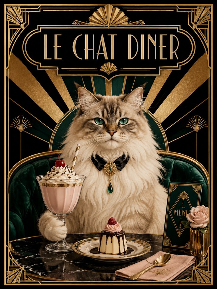 Le Chat Diner Art Deco Poster: Elegant Cat With Dessert Print - artwork on paper
