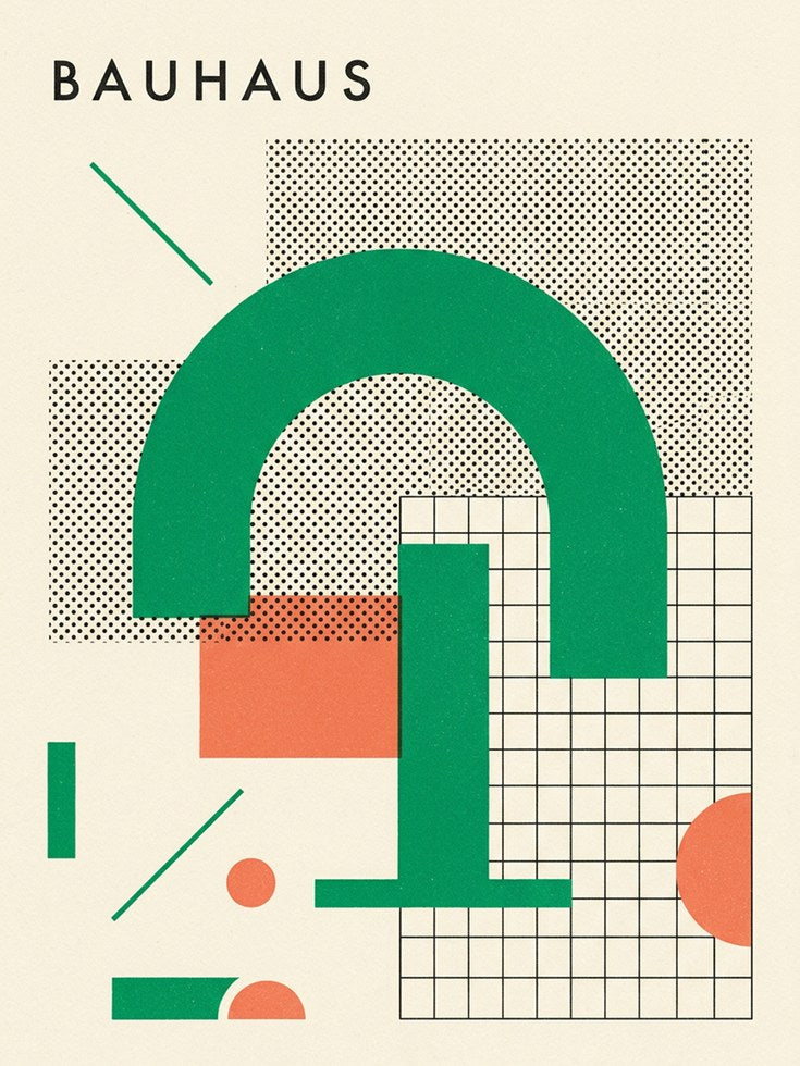 Bauhaus Geometric Arch Print: Green and Coral Modernist Design - artwork on paper