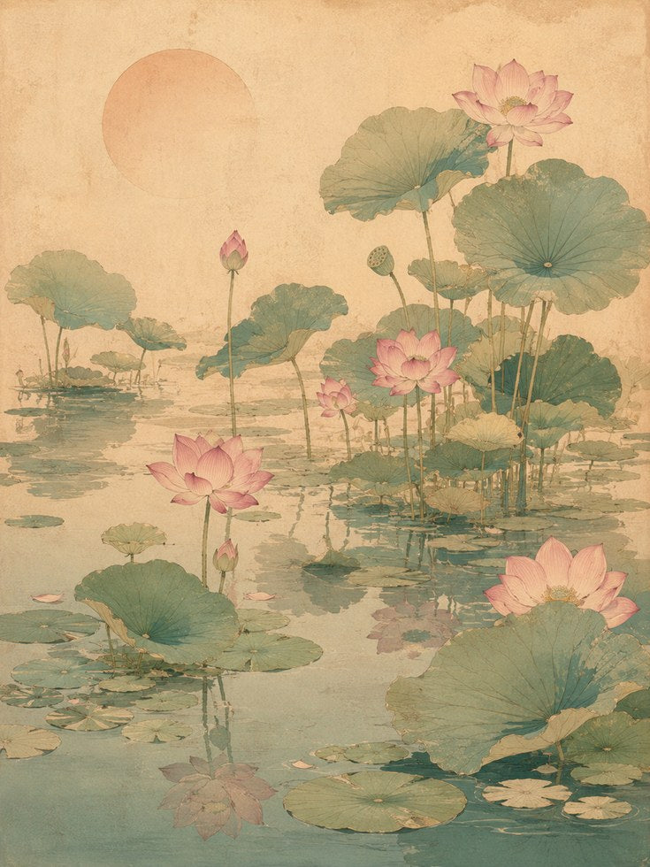 Lotus Pond Art Print: Japanese Watercolor Botanical Design - artwork on paper