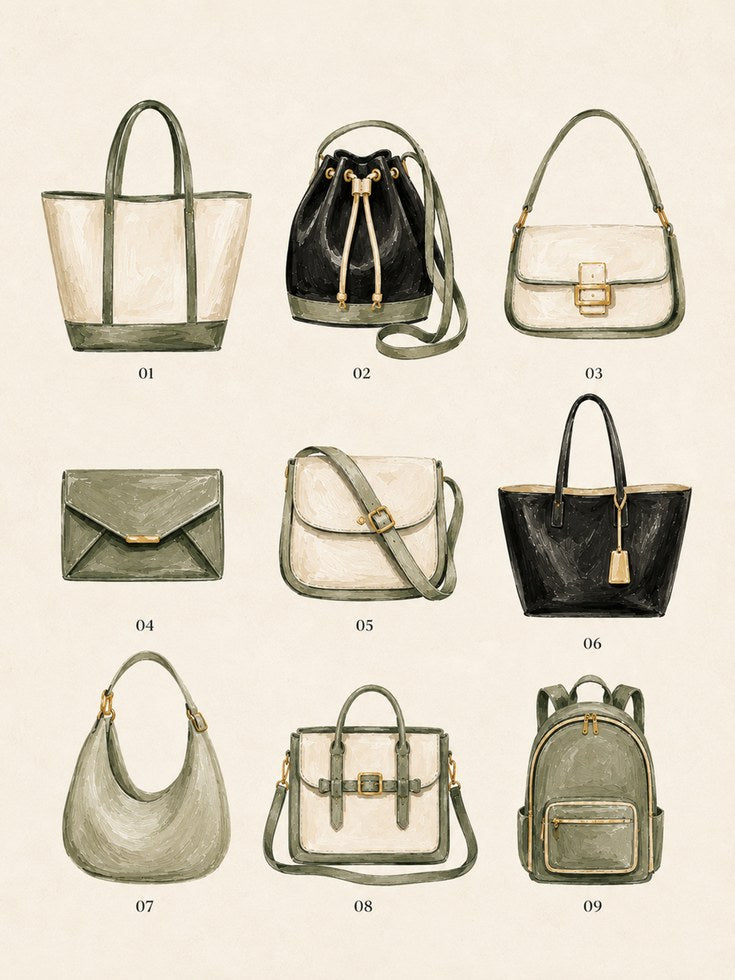 Fashion Handbag Collection Print: Watercolor Accessories Art - artwork on paper