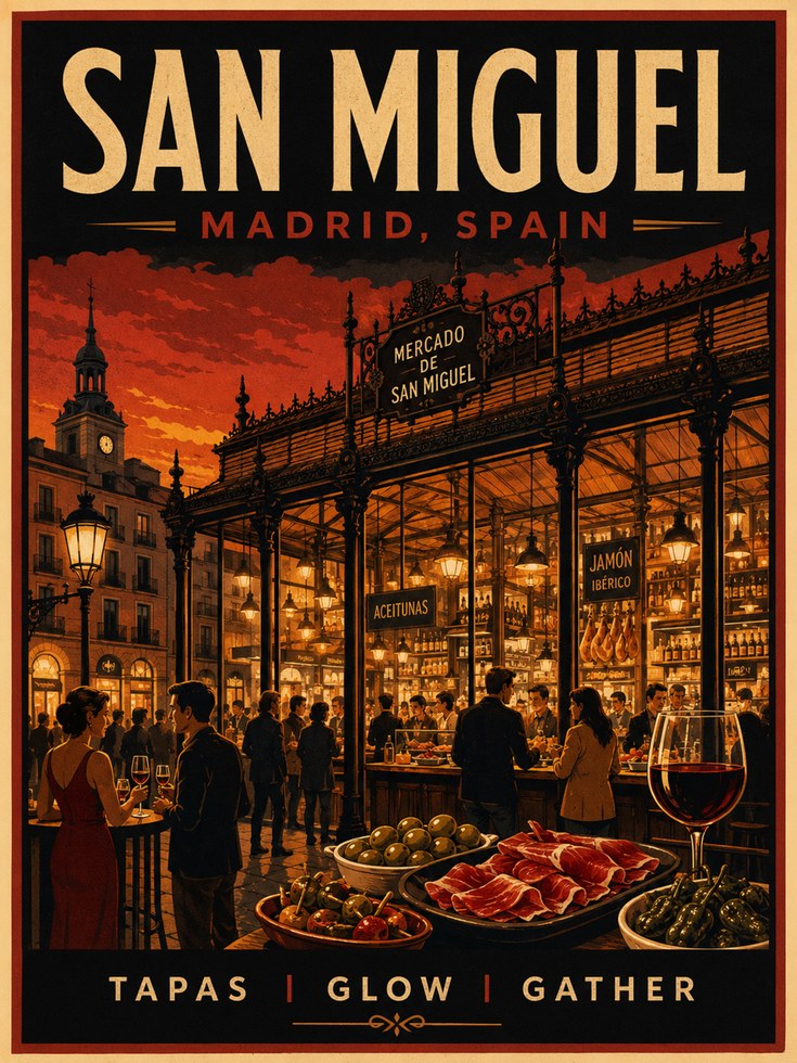 San Miguel Madrid Poster: Vintage Travel Art Print - artwork on paper