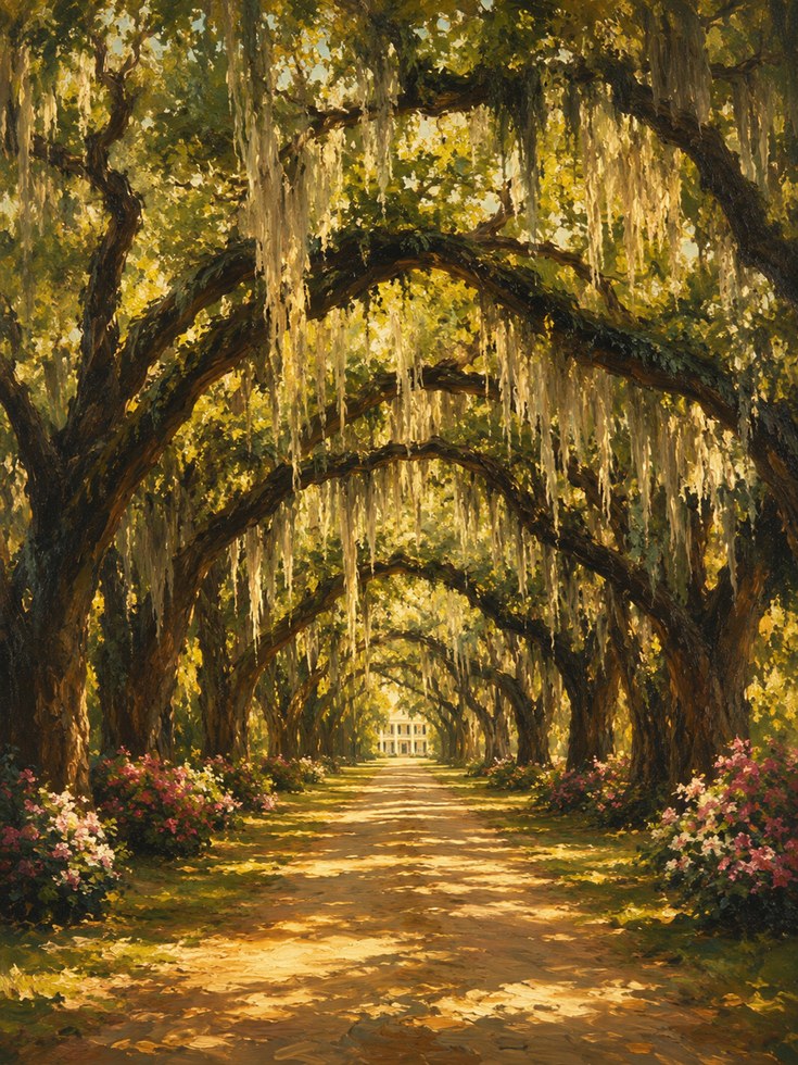 Southern Oak Tree Alley Landscape Print - artwork on paper