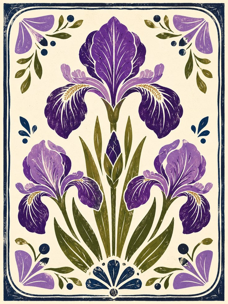 Iris Flower Wall Art – Folk Art Botanical Print - artwork on paper