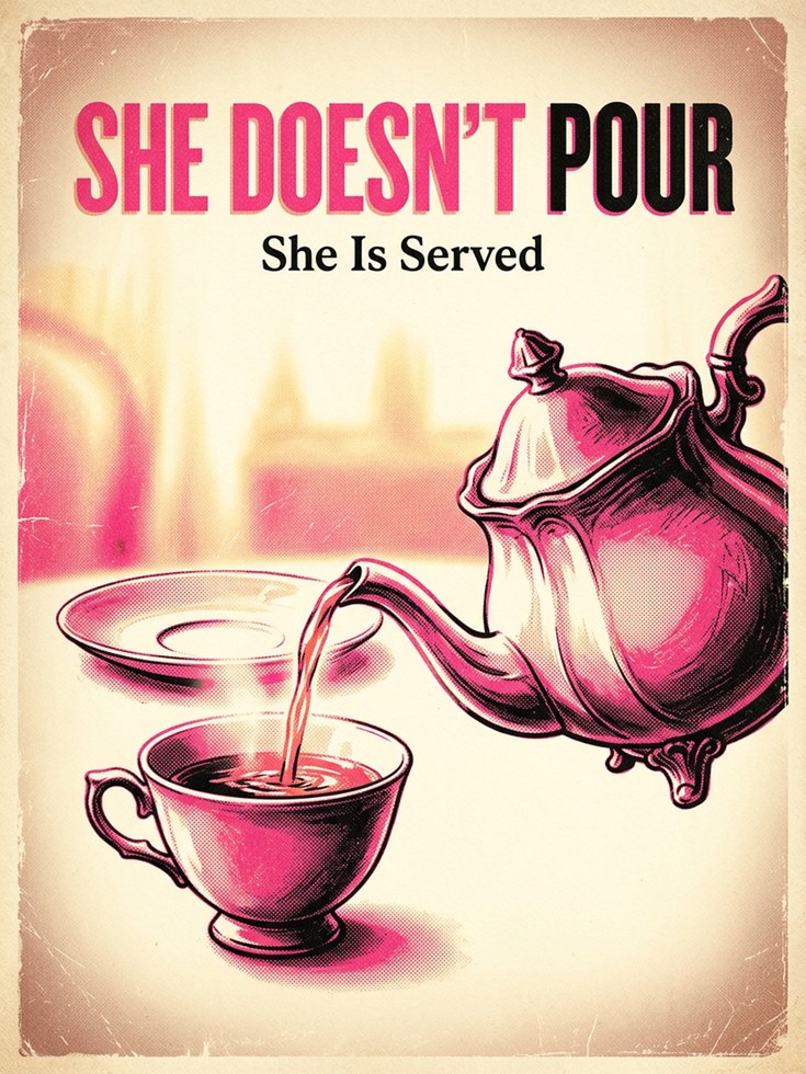 She Doesn't Pour She Is Served: Vintage Tea Poster Art Print - artwork on paper