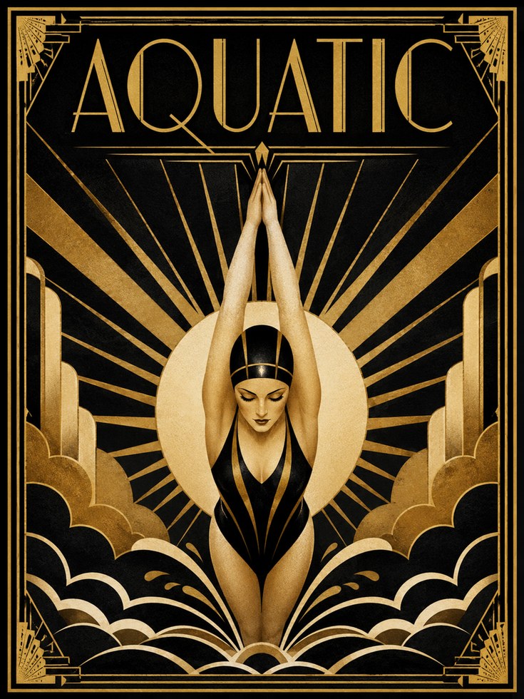 Aquatic Art Deco Swimmer Poster: Gold and Black Geometric Design - artwork on paper