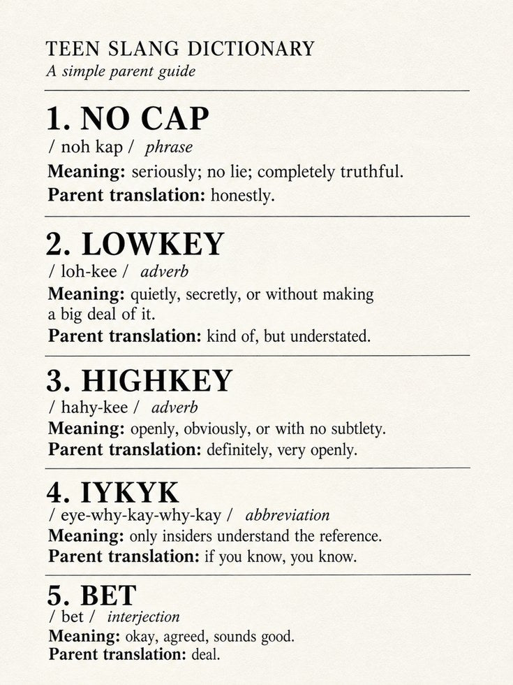 Teen Slang Dictionary Print: Vintage Typography Wall Art - artwork on paper