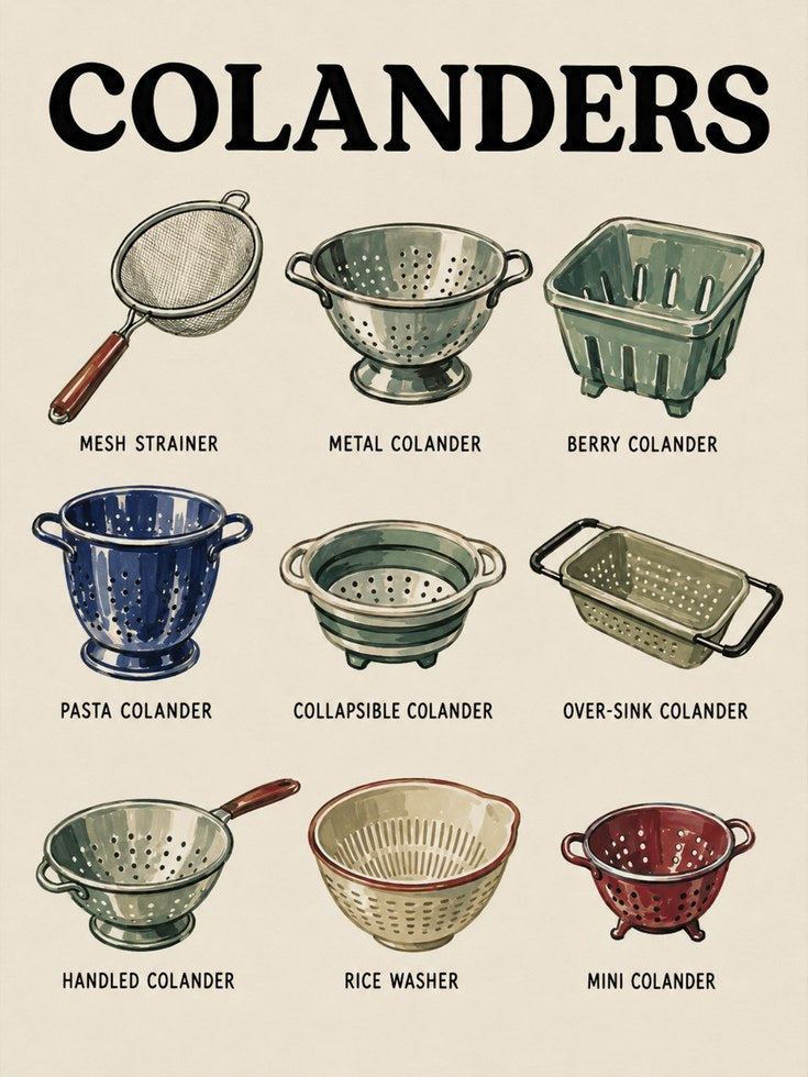 Vintage Colanders Kitchen Art Print: Retro Culinary Guide - artwork on paper