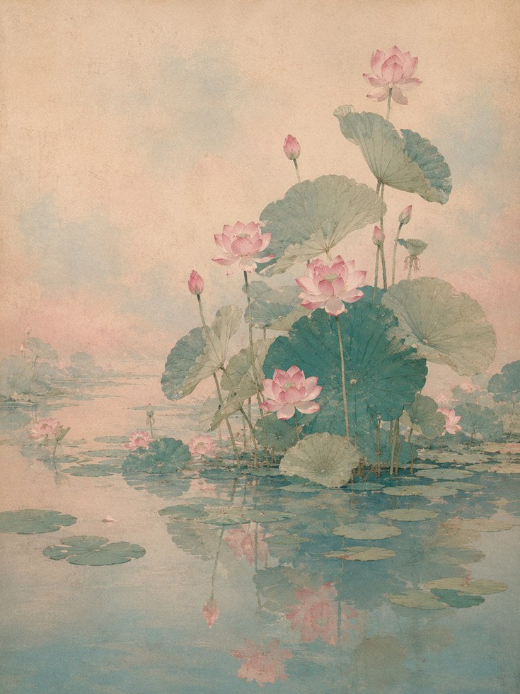 Lotus Pond Wall Art: Soft Pink Blooms and Green Leaves - artwork on paper