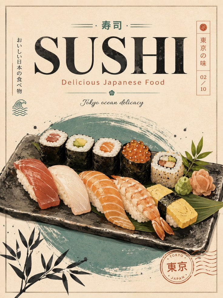 Sushi Platter Poster: Vintage Japanese Restaurant Art Print - artwork on paper