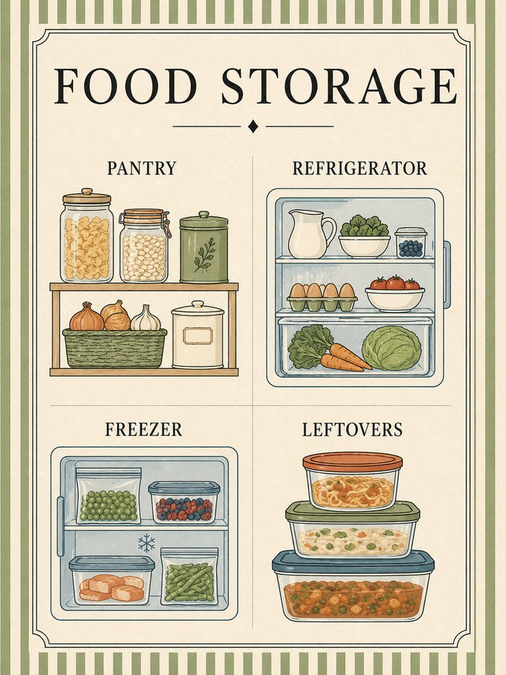 Food Storage Kitchen Guide Print: Vintage Educational Poster - artwork on paper