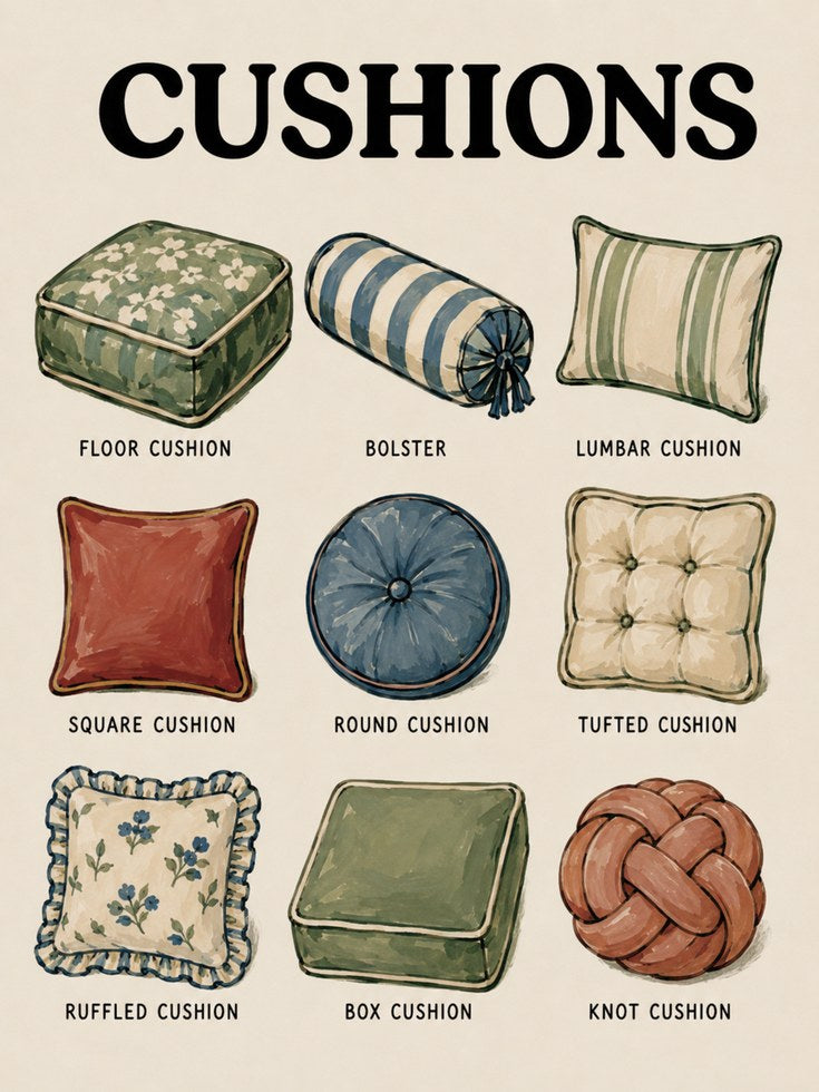 Cushion Types Poster – Home Decor Chart - artwork on paper