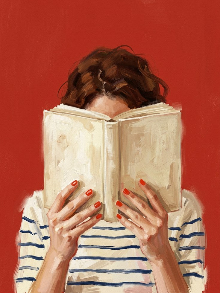 Woman Reading Book Art Print: Contemporary Red Background Portrait - artwork on paper