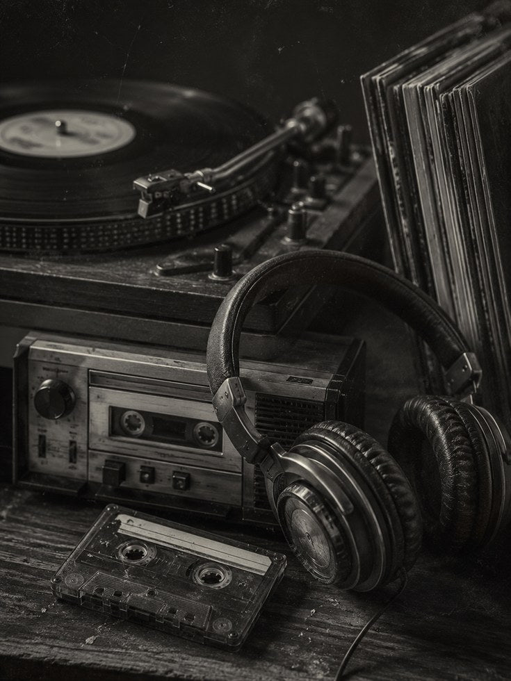 Vintage Music Studio Wall Art: Black and White Vinyl and Cassette - artwork on paper