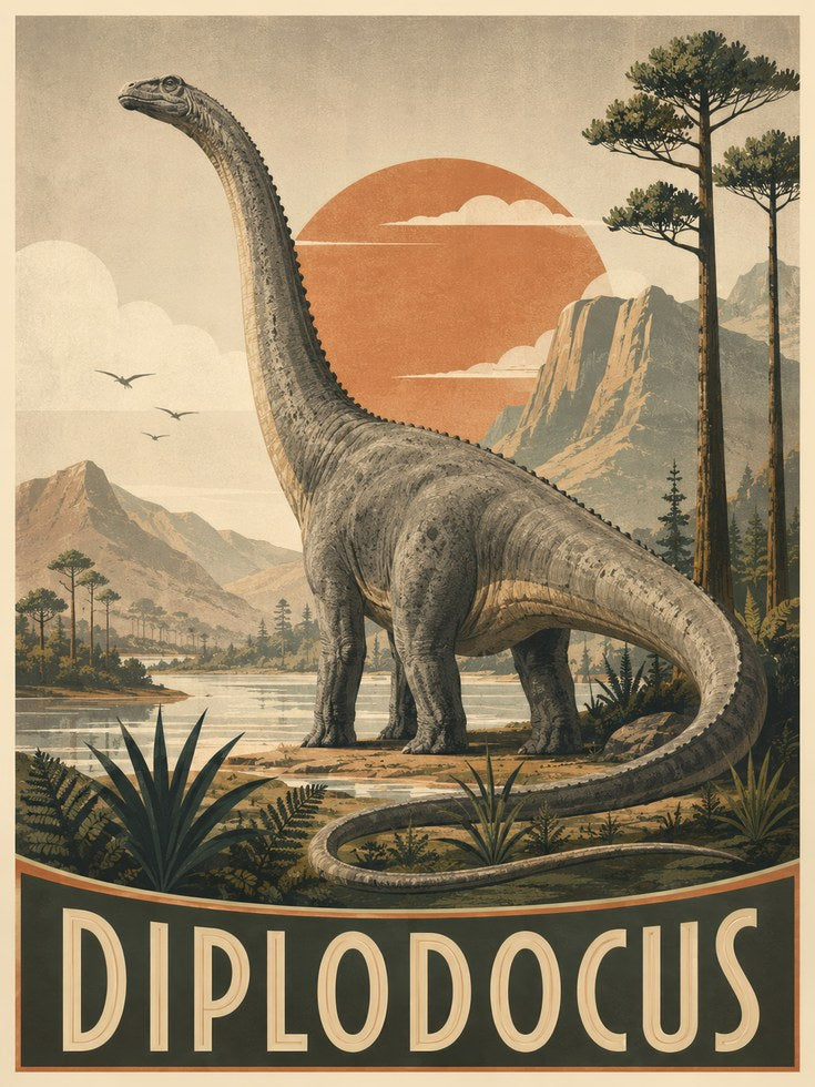 Diplodocus Dinosaur Print: Vintage Natural History Art for Kids - artwork on paper
