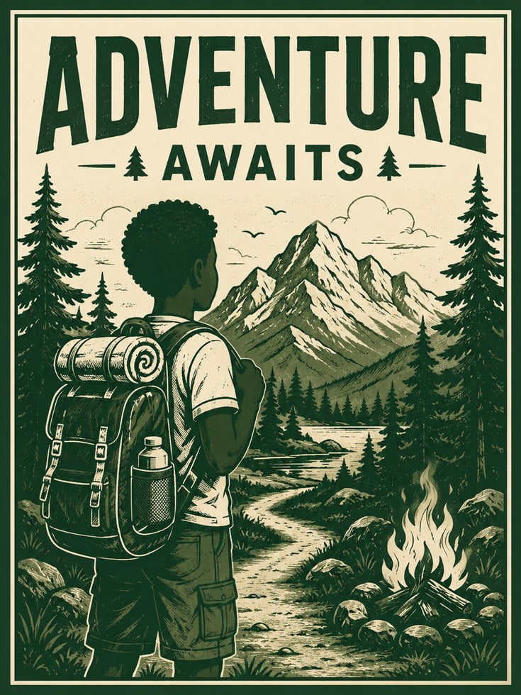 Adventure Awaits Poster: Vintage Mountain Hiking Art Print - artwork on paper