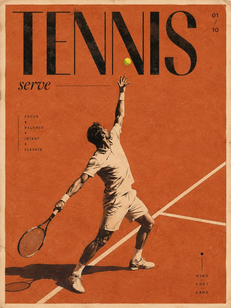 Vintage Tennis Serve Poster: Retro Orange Sports Art Print - artwork on paper