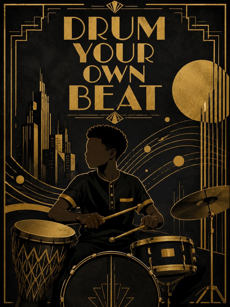 Drum Your Own Beat Art Deco Poster: Gold and Black Music Print - artwork on paper