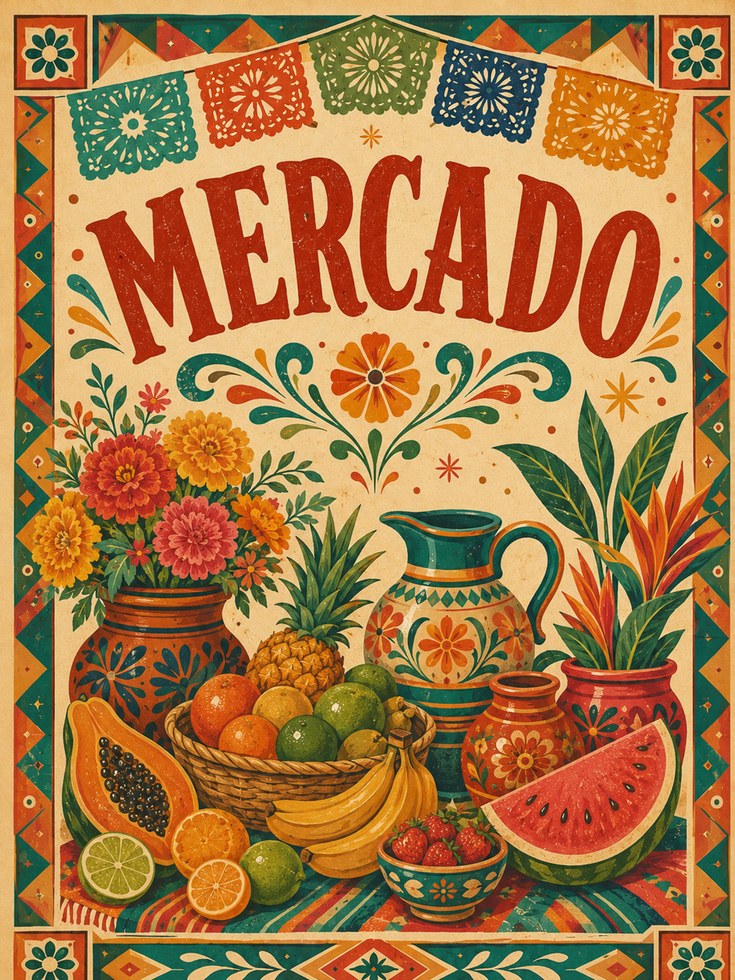 Folk Art Market Poster: Mexican Mercado Print - artwork on paper