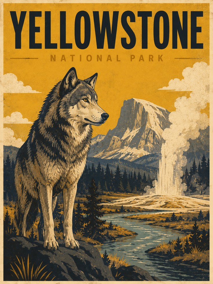 Yellowstone National Park Poster – Wolf Wall Art - artwork on paper