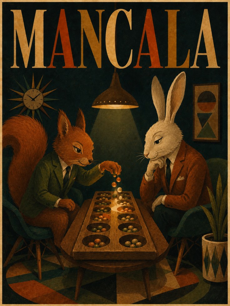 Mancala Game Print: Vintage Anthropomorphic Animals Wall Art - artwork on paper