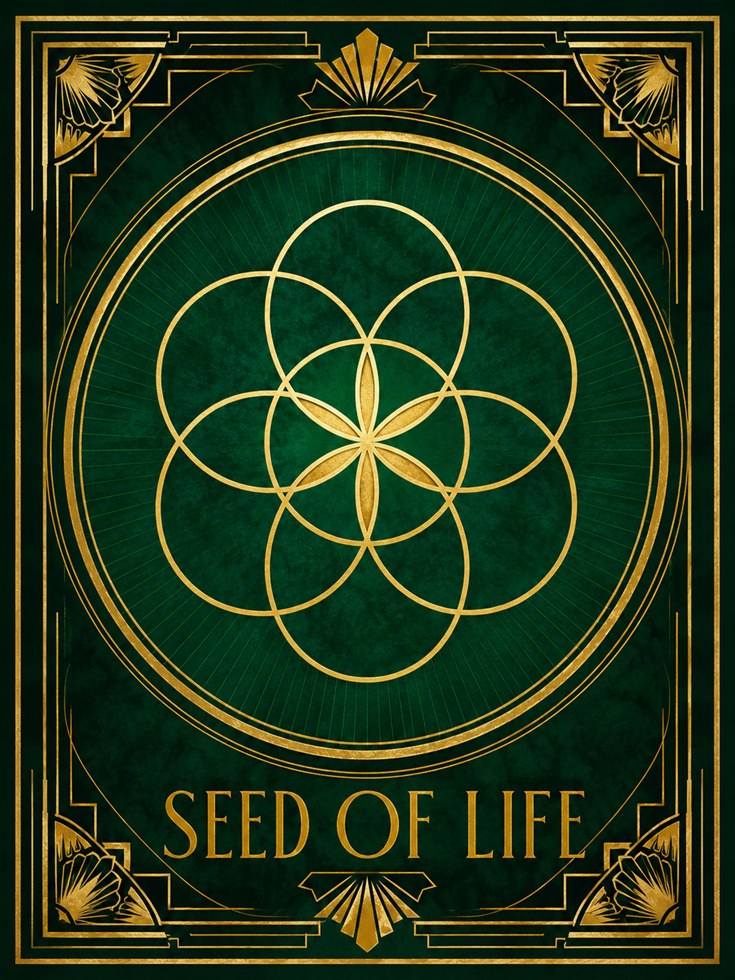 Seed of Life Wall Art: Modern Spiritual Geometry (Gold & Green) - artwork on paper