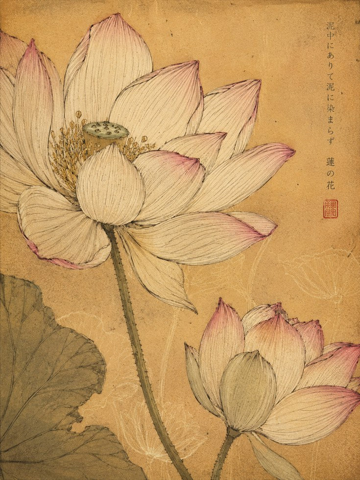 Lotus Flower Vintage Print — Japanese Botanical Art - artwork on paper